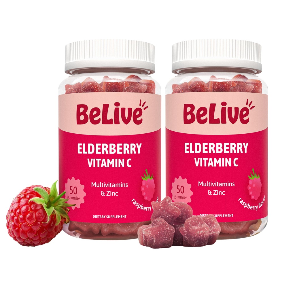 BeLive Elderberry Gummies med zink og C-vitamin - immunforsvar supplement med D-vitamin, A, E, B12 - Gummies for sunde knogler & tænder, Vegan, Keto & Non- GMO - Raspberry Flavor 124; 2-Pack