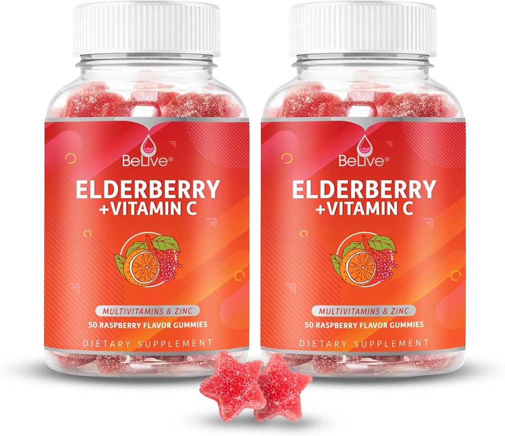 BeLive Elderberry Gummies med zink og C-vitamin - immunforsvar supplement med D-vitamin, A, E, B12 - Gummies for sunde knogler & tænder, Vegan, Keto & Non- GMO - Raspberry Flavor 124; 2-Pack