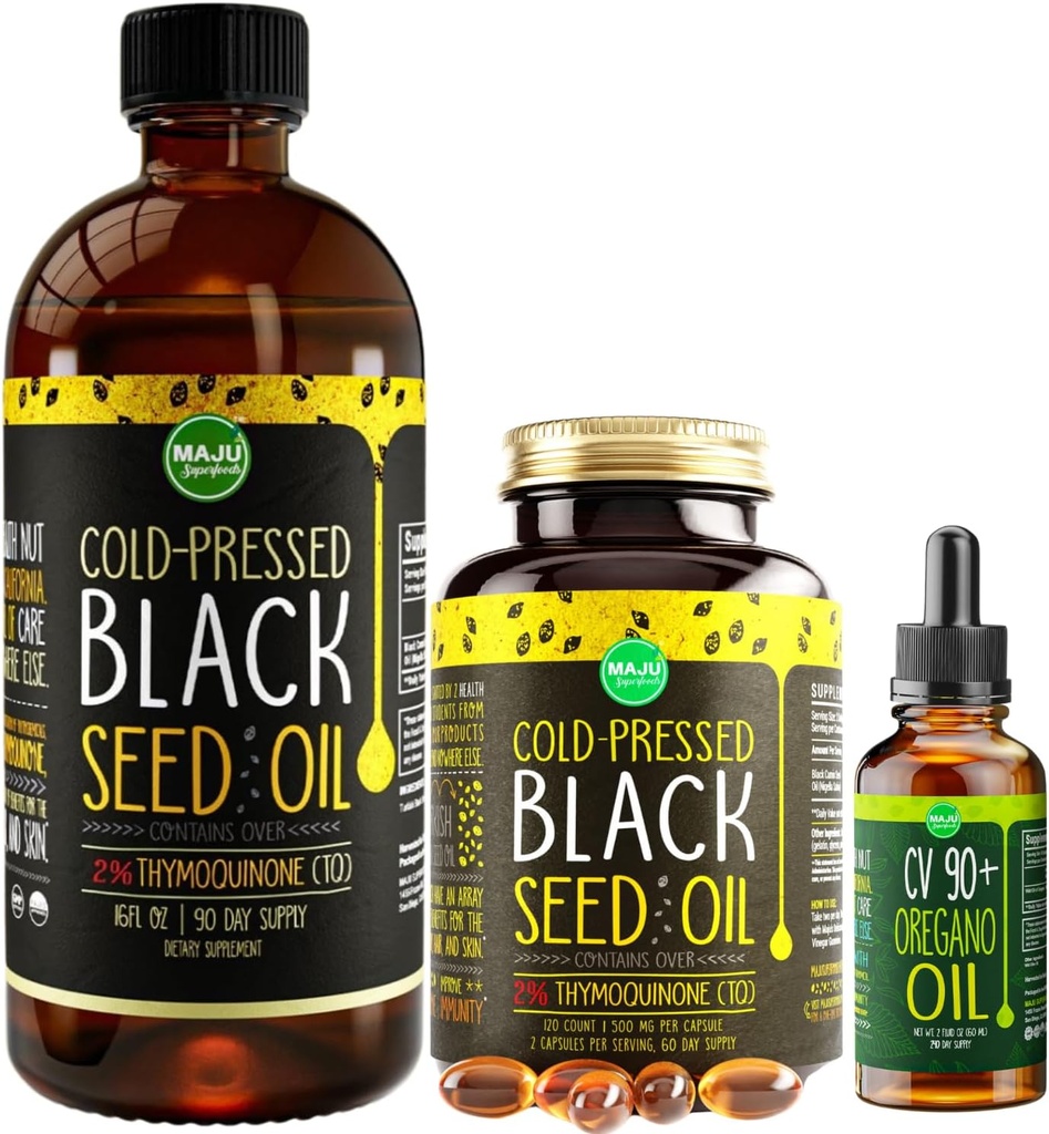 Maju Superfoods Large Black Seed Oil og Oregano Bundle