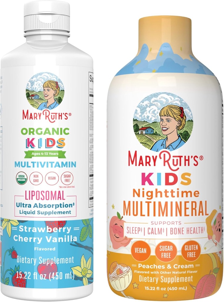 MaryRuth 's Nighttime Multimineral (Peaches & Cream) og Multivitamin Liposomal (Strawberry Cherry & Vanilla) til børn 124; Clean Label Project Verified ® - 124; Vegansk Vitamin til Muslce Afslapning & Samlet W