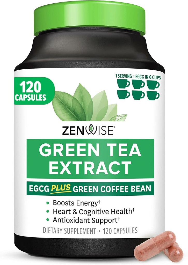 Zenwise Health Green Tea Extract kapsler til mænd og kvinder - EGCG tillæg med Green Coffee Bean Extract øger energi & hukommelse - immunforsvar for hud, hjerne og jord sundhed - Vegan - 120 Greve