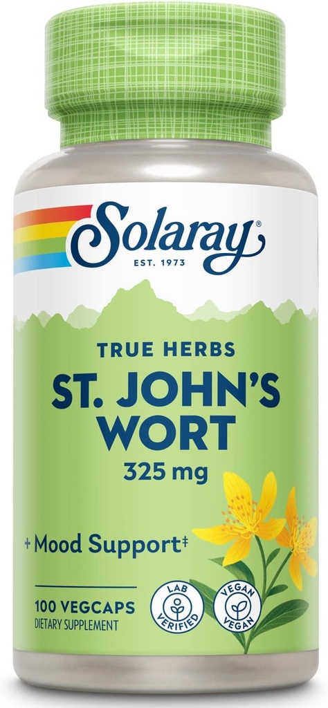 SOLARAY St Johns Wort 325 mg Hel Aerial - Health and Mood Support - 60-dages pengene tilbage garanti - non-GMO, Vegan, Lab Verified (100 CT)