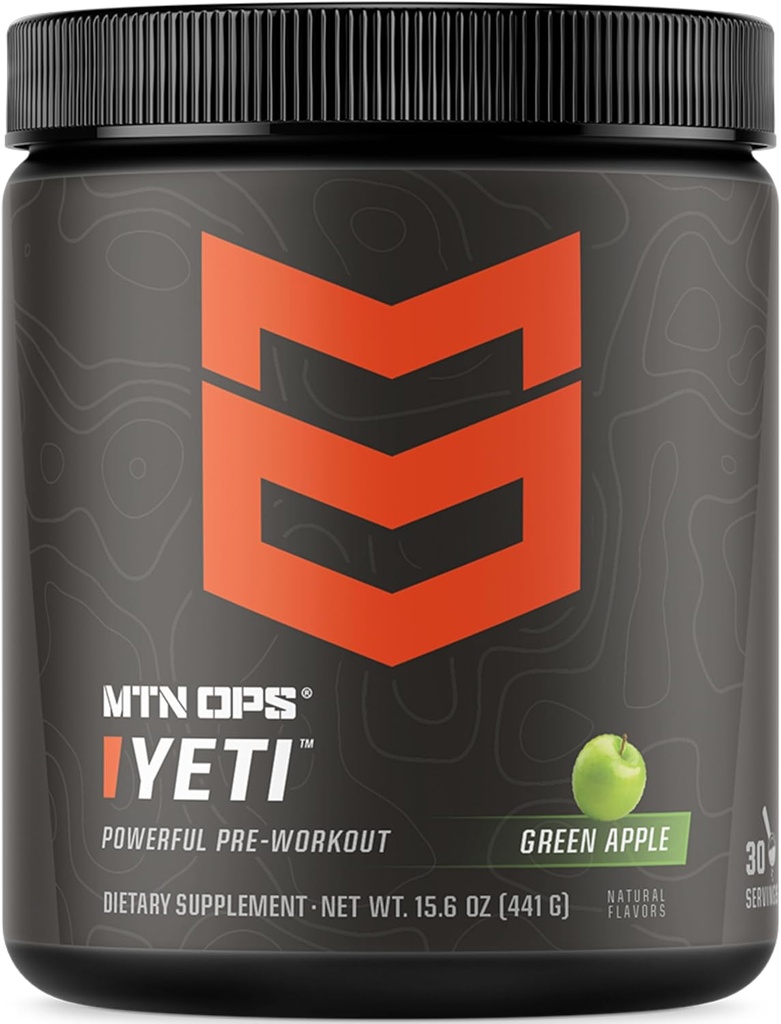 MTN OPS Yeti Pre- Workout Powder Energy Drikke med Creatin, 200mg Koffein & BCAAs med Beta Alanine, 30- Serving Tub, Green Apple