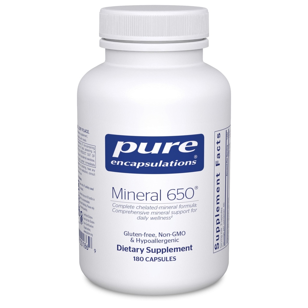 Ren indkapsling Mineral 650 · 124; Hypoallergen Kombination af Balanceret Chelated · 124; Mineral · 124; 180 Kapsler