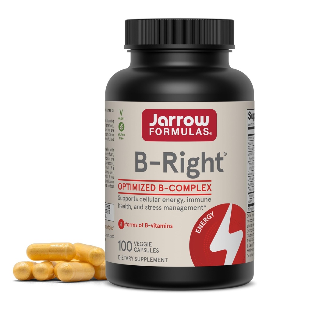 Jarrow Formulas Bright - 100 Veggie Caps - Low- Odor Vitamin B- Complex Formel - Energi & Metabolisme Support - fremmer hjerne, hjerte & hjerte - 100 Servere