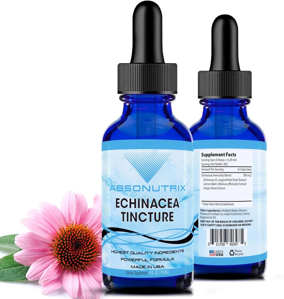 Absonutrix Echinacea Tincture Advanced Formel 390 mg, 4 Oz Liquid, 302 Serveringer, Made in USA, Quick Absorption, Kvalitet Potent Ingredienser, Non- GMO, GMP Certified Facility, Cruelty- Free Products