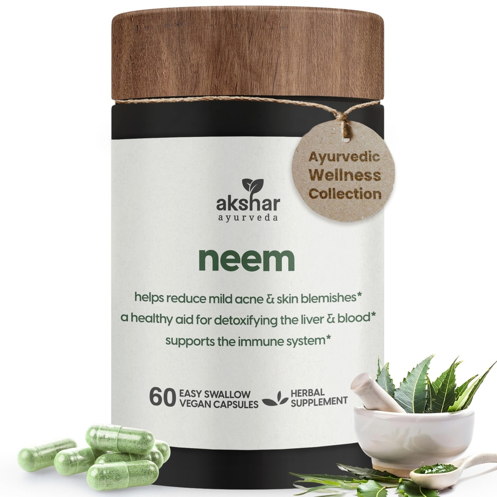 AKSHAR Ayurveda - Neem kapsler med Neem ekstrakt og Neem Leaf pulver - Urte Neem supplement til støtte klar hud sundhed og afvænning - Vegan Cruelty- Free Neem Leaf kapsler (60 Greve)