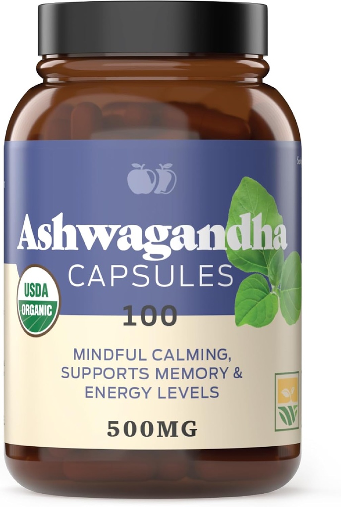 Organic Ashwagandha kapsler - 100 kapsler 500 mg Pure Organic Ashwagandha supplement til Calming Support