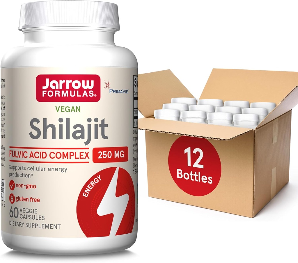Jarrow Formulas Shilajit 250 mg, Kosttilskud, Shilajit Acid Complex til cellulær energiproduktion, 60 Veggie Capsules, 60 Day Supply (pakke med 12)