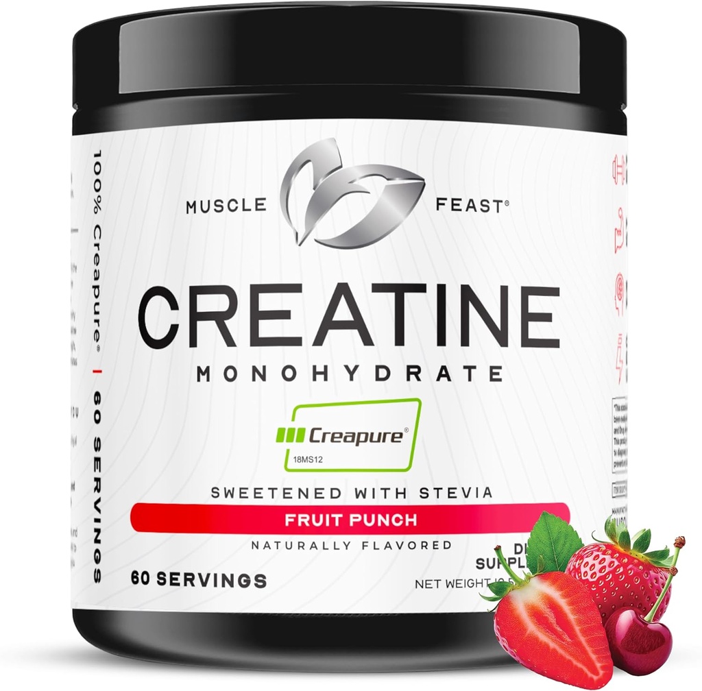 Muskel Feast Creapure Creatinine monohydrat pulver, Vegan Keto Friendly Gluten- Gratis Let at blande, Muskel Inddrivelse Supplement, Kreatin for muskelvækst, Opment Creatin, Natural Fruit Punch 300g