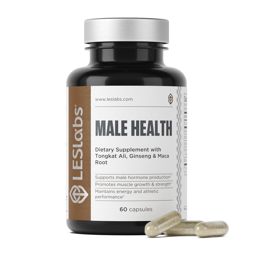 LES Labs Mandlige Sundhed - Forbedre Hormonproduktion, Styrke & Vitality, Drive & Endurance - Tongkat Ali, Ginseng, Maca & Boron - Non- GMO supplement - 60 kapsler