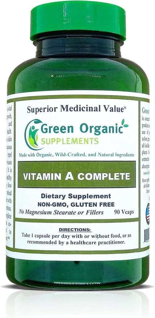 Green Organic Supplements Vitamin A, Retinyl Palmitat, 90 VCs, 15000IE, Hand Made, Non- GMO, & Gluten Free (pakke med 1)