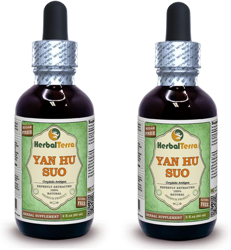 Yan Hu SUO (Corydalis Ambigua) Glycerit, Tørrede Rødder Alkohol- Free Liquid Extract (Brand Name: HerbalTerra, Stolt Made in USA) 2x2 fl.oz (2x60 ml)