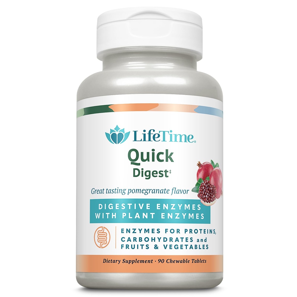 LIFETIME Quick Digest Digitale Enzymer - Plant Enzymer til Proteiner, Kulhydrater, Frugter og Grøntsager - Digitale Sundhedsstøtte - Pomegranat Flavor - 90 Servering, 90 tyggetabletter