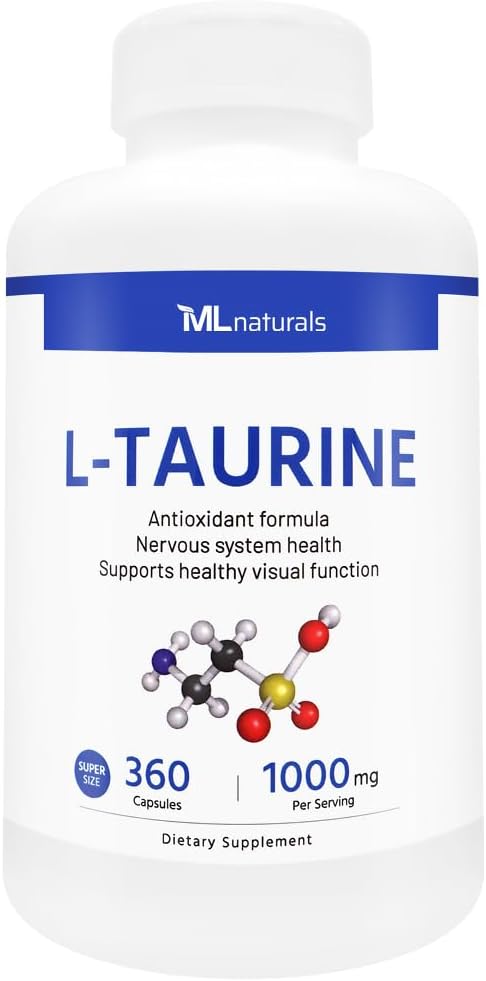 ML Naturals L- Taurine 1000 mg 360 kapsler. Nervesystemet Sundhed & Antioxidant Support, NSF- Certificeret & cGMP- Compliant.