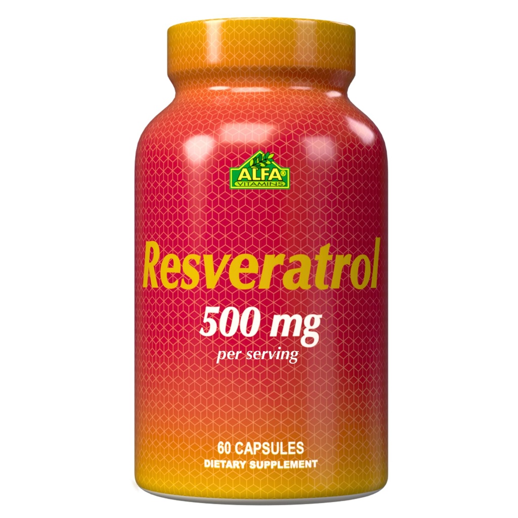 Resveratrol 1000mg af Alfa Vitaminer - Kraftfuld Antioxidant, Hjælper med at forebygge celleskader - Understøtter hjernefunktion, kardiovaskulær sundhed, Metabolisme, anti-aging effekter - 60 kapsler