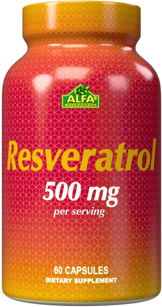 Resveratrol 1000mg af Alfa Vitaminer - Kraftfuld Antioxidant, Hjælper med at forebygge celleskader - Understøtter hjernefunktion, kardiovaskulær sundhed, Metabolisme, anti-aging effekter - 60 kapsler