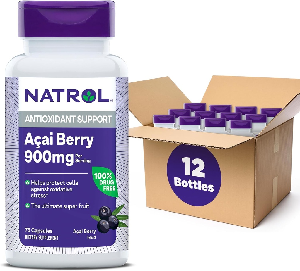 Natrol Acai Berry, Kosttilskud, Antioxidant Protection & Defense, The Ultimate Super Fruit, 900 mg Veggie Capsules, 75 Greve (Pack of 12)