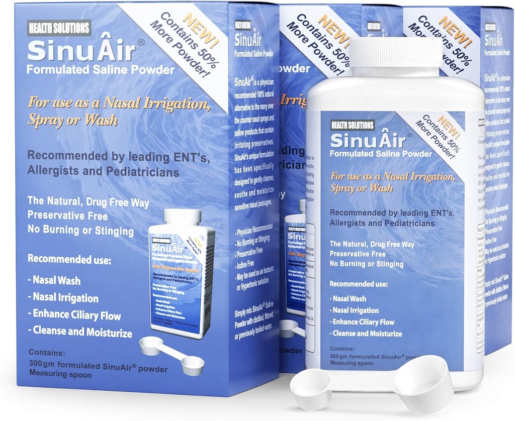 Sinus Rinse Salt Solution - Saline Powder til SinuPulse System, Neti Pot Flush, Nasal Wash Squeeze Flaske, & Næsevanding, Forbedret formering og rengøring for sinus, 300g Flaske (3-Pack)