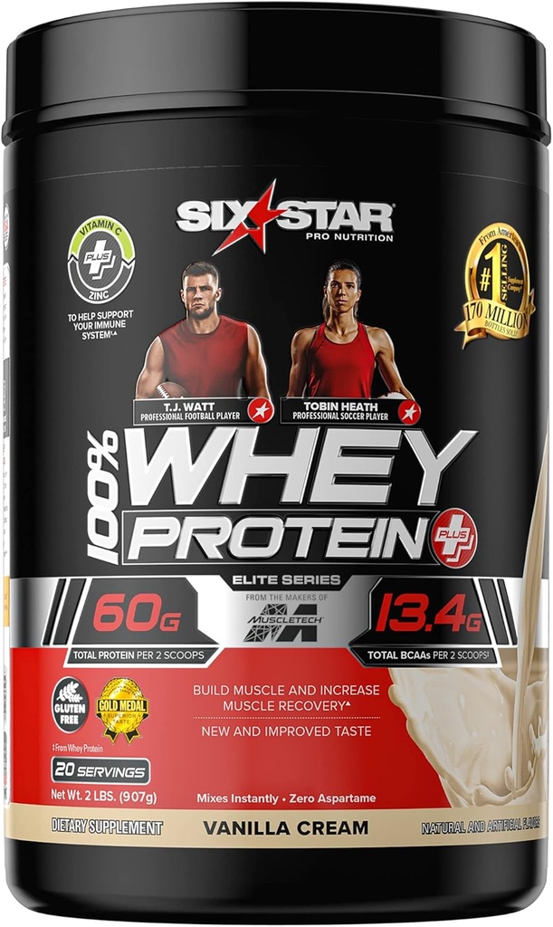 Whey Protein Powder + immunsupport.124; Six Star Whey Protein Plus Dex124; Whey Protein Isolate & Peptider + Muscle Builder Dex124; Lean Protein Powder for Muscle Gain & Recovery Dex124; Vanilla, 2 lbs