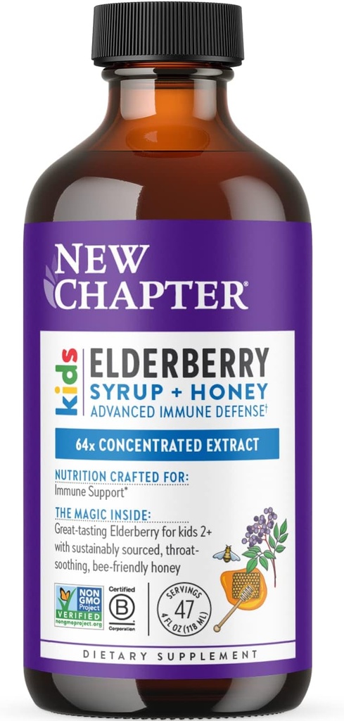 Nyt kapitel Elderberry Kids Syrup, Avanceret immunforsvar for alderen 2 +, 64x Koncentreret Elderberry, sødet med Throat- Soothing Grade A Honning, non-GMO projekt Verified, 4 Fl Ounce