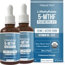 L Methyl Folate 15mg Plus Methyl B12 Cofaktor - Økologisk, Berry Flavor, Professional Strength, Flydende Sublingual, Active 5- MTHF Form - Understøtter Mood, Homocysteine Methylation, Cognition (1oz -2 Pack)
