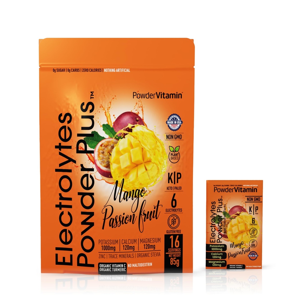 PowderVitamin Electrolytes Powder Plus, Keto, Mango Passionfruit, Sugar Free, Pink Himalayan Salt, 1000mg Kalium, 120mg Calcium, 120mg Magnesium, Non- GMO, Zero Calories, (16 Hydrationspakker)