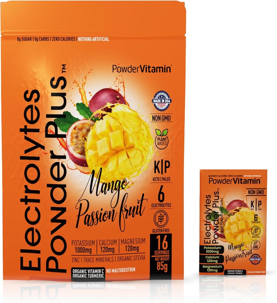 PowderVitamin Electrolytes Powder Plus, Keto, Mango Passionfruit, Sugar Free, Pink Himalayan Salt, 1000mg Kalium, 120mg Calcium, 120mg Magnesium, Non- GMO, Zero Calories, (16 Hydrationspakker)
