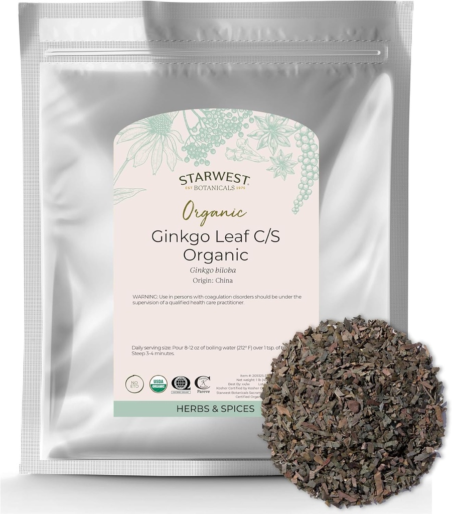 Starwest Botanicals Organic Ginkgo Leaf - Ginkgo Biloba, Tørret Loose Leaf Herb til te, kapsler, & planteblandinger, Cut & Sifted, Certified Kosher, Non- GMO - Bulk 1 LB taske