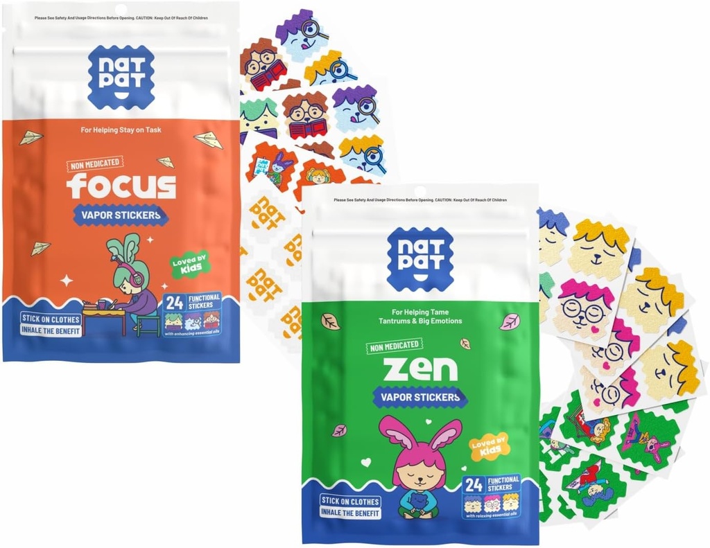 NATPAT Focuspatch (1 Pack) og ZenPatch (1 Pack) Bundle - 24 Focus Enhancing Stickers og 24 Calm Enhancing Stickers - Kemisk fri, Natural Relief for Focus og Mood Support