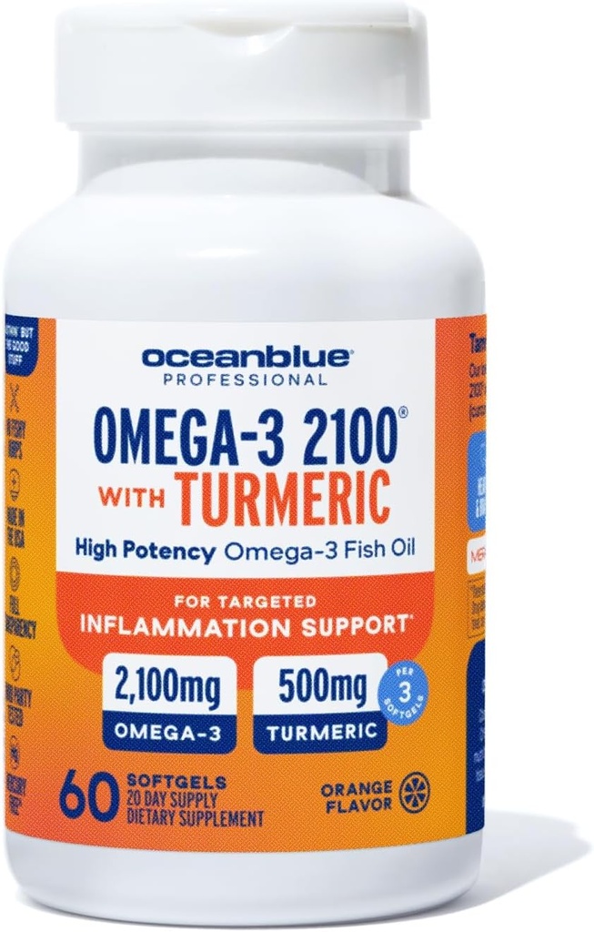 Oceanblå 2100 Triple Strength Omega-3 Fish Oil med gurkemeje 124; Burpless Omega 3 Combo supplement med Curcumin EPA DHA DPA Budd124; hjerte og fælles støtte