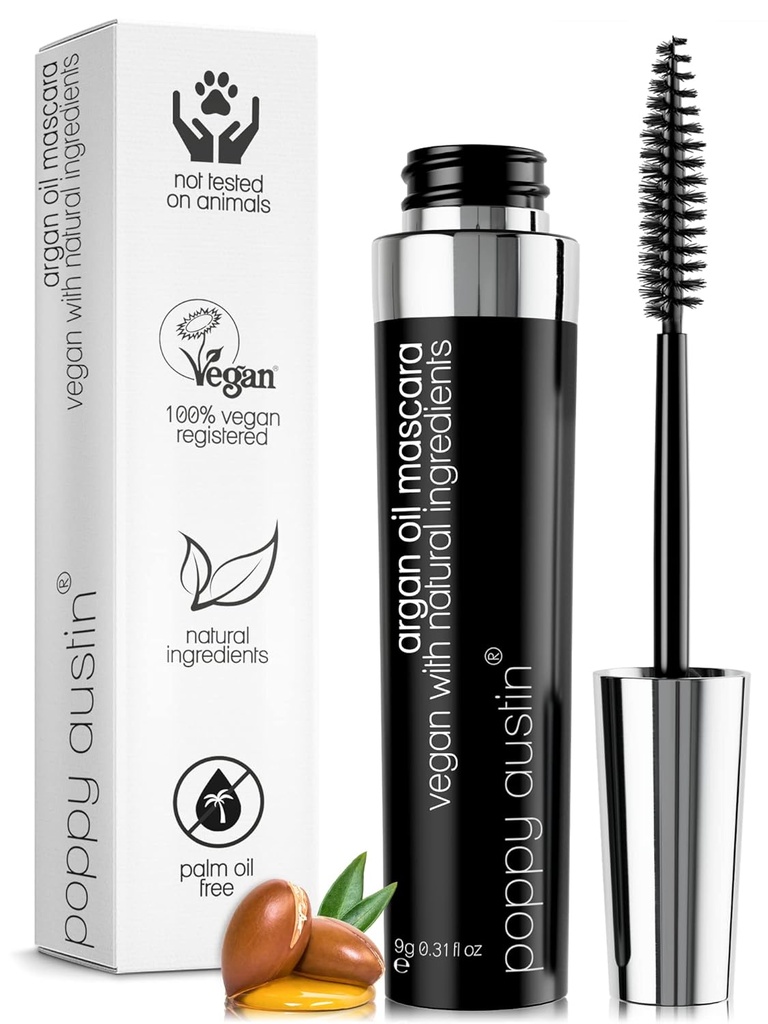 Poppy Austin Organic Mascara, Natural, Vegan, Paraben- Free, Cruelty- Free - Hypoallergen Mascara Lengulering & Volatizing med Argan Oil - 0,31 Fl Oz (sort)