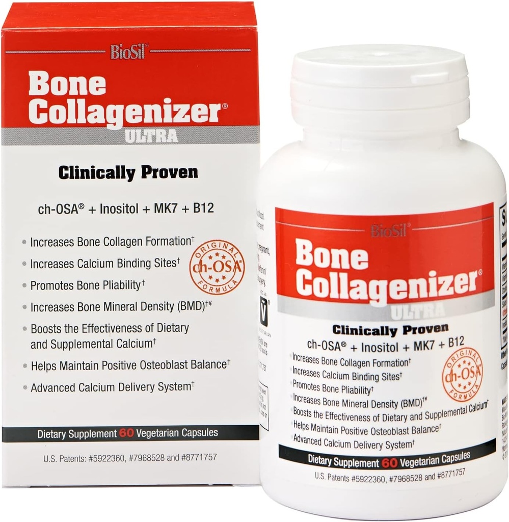 Biosil Bone Collagenizer Ultra - 60 Veggie Kapsler - med Patenteret ch- OSA Complex + Cholin, Inositol, MK7 & Vitamin B12 - GMO Free - 30-Day Supply