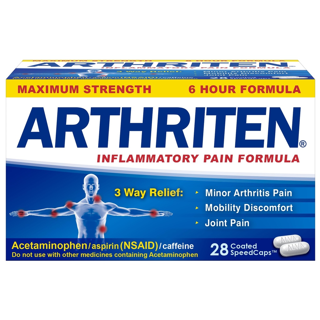 Inflammatorisk smerteformel med 3 aktive ingredienser: Aspirin, Acetaminophen & Koffein, Hvid, 28 Greve (pakke med 1)