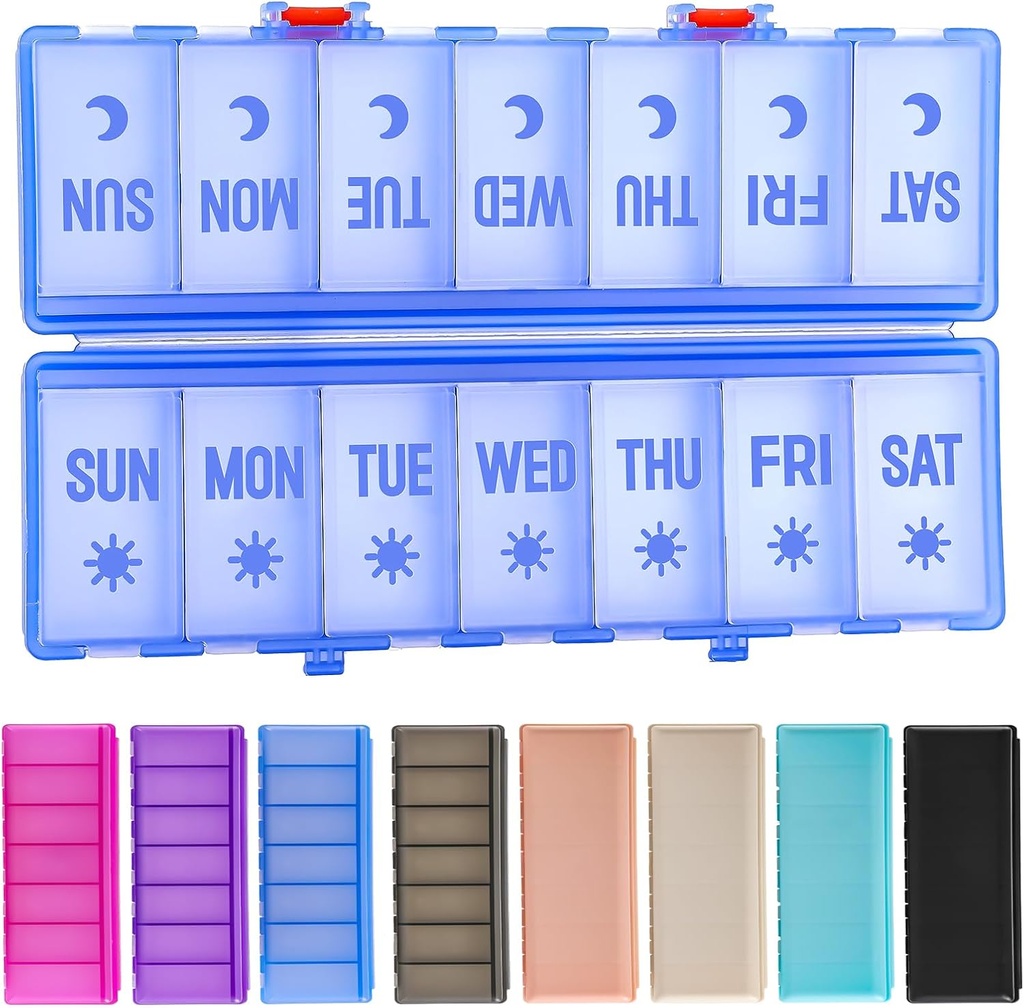 Foldbar pille Organizer 2 gange om dagen w / Etched Labels -Dual Protection & Portable Weekly AM PM Pill Box, 7 dages medicin Container, Stor rejse Pill sag for uge Dagligt tillæg Vitamin -Clear Blue