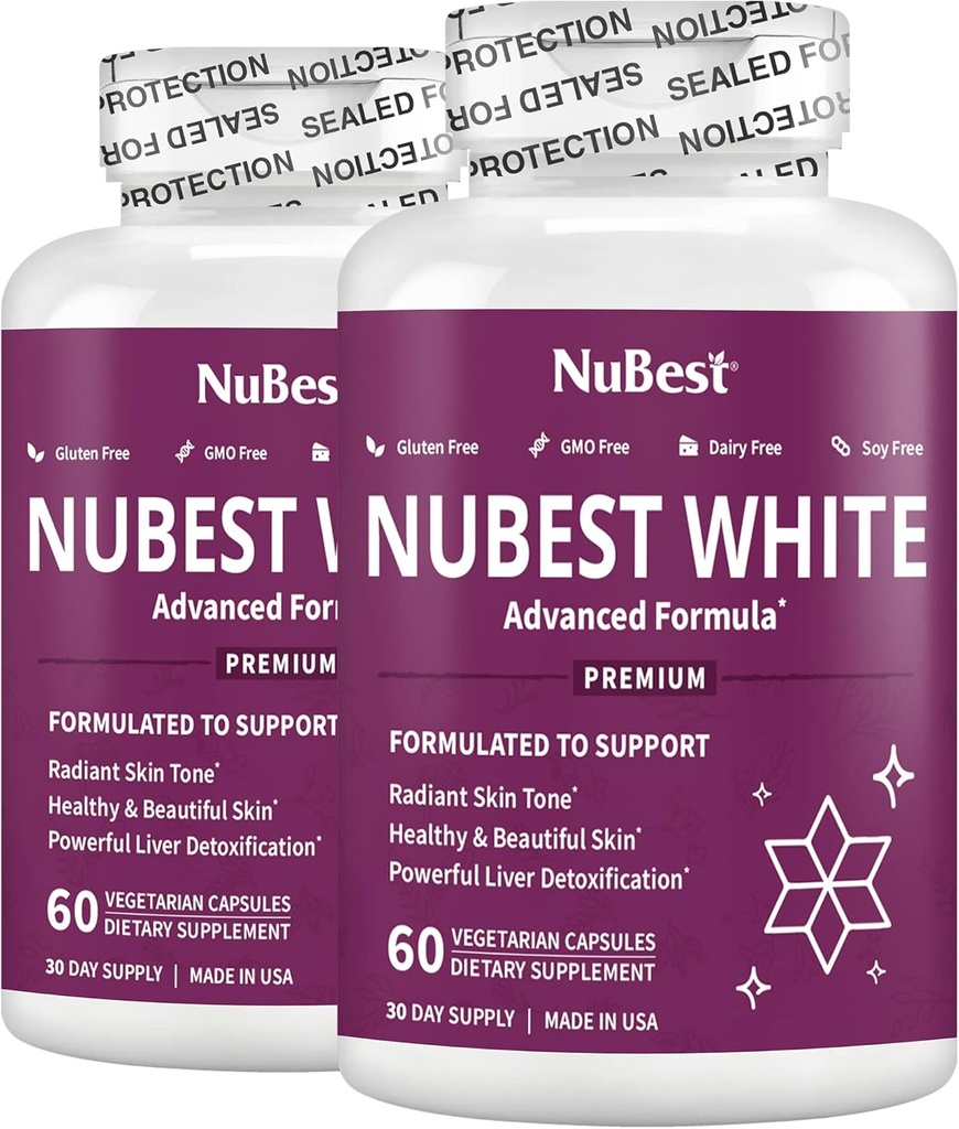 NuBest White - Skin Whitening Supplement, Supplement til Anti Aging med Glutathion, C-vitamin, E, B2, Milk Thistle Extract, Green Tea Extract for Lightening and Brightening Medical 124; Pack 2