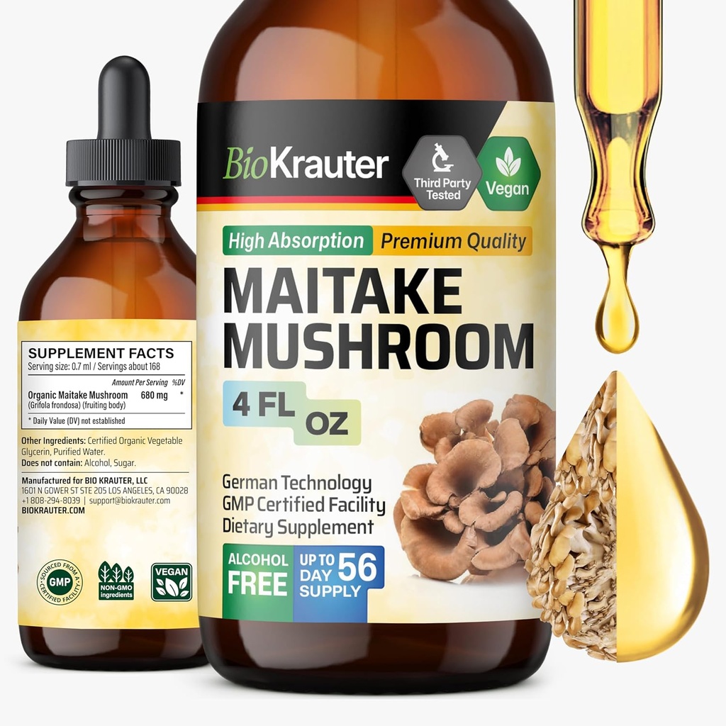 BIO KRAUTER Maitake Mushroom Extract - Maitake Liquid Supplement for immunforsvar - 680 mg per servering - Vegan, Alkohol & Sukker Free Drops 4 Fl.Oz.