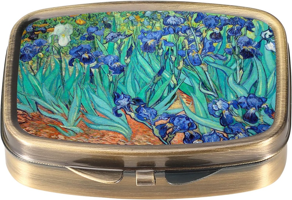 Dynippy Pill Case Pill Box med spejl Retro Pocket 2 Compartment Medicine Case Vitamin Pill Organizer for Pocket Purse and Travel (A- Van Gogh Irises)