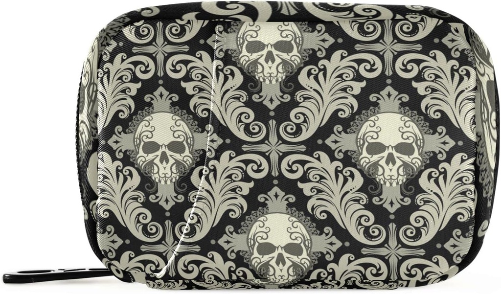 Pill Case Rejser Vintage Pill Cases Bag Medicin Vitamin Container Pill Box Arrangører Supplement Holder (Skull Damask)