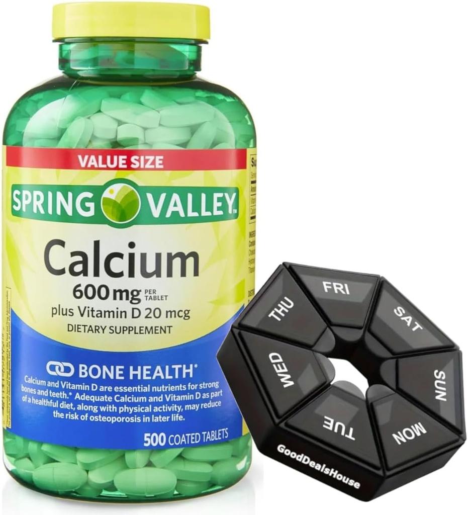 Forår - Valley Calcium 600 mg + D-vitamin 20 mcg - 500 greve med Ugentlig Pill Organizer GoodDealsHouse - Bone Health Kosttilskud Tablets
