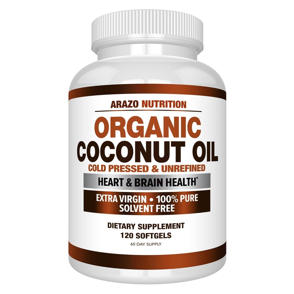 Arazo Nutrition Organic Coconut Oil 2000 MG - 100% Extra Virgin Uraffineret Cold Presset til vægttab, hud, hår, negle - 120 Softgel kapsler