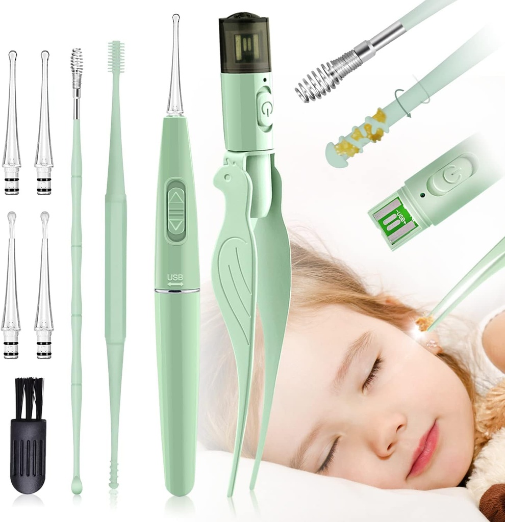 Ear Wax Removal Tools, 9 Pack Ear Cleaning Tool, Ear Pick med 2 LED Lights, Build- in USB Ear Wax Remover for børn og voksne