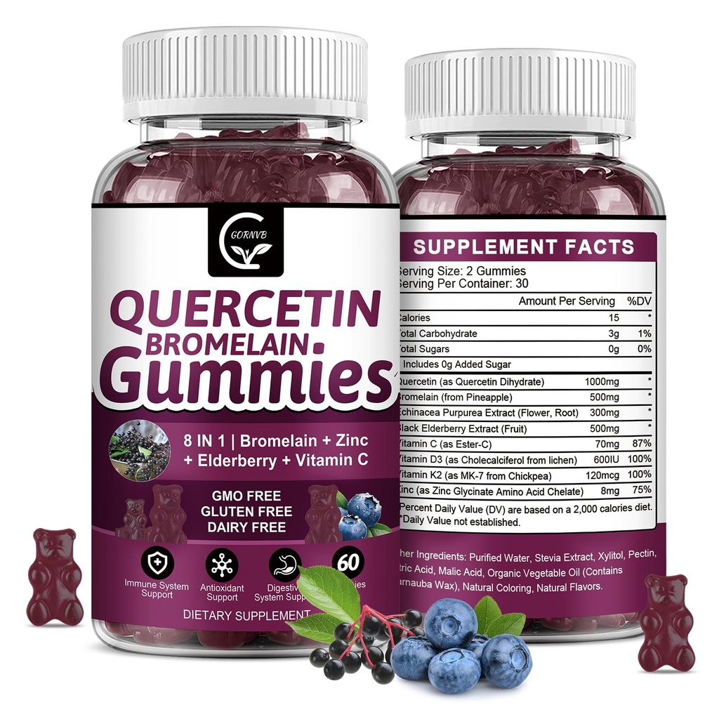 Quercetin Gummies med bromelain 2378mg - Blend with Elderberry, Echinacea Purpurea Extract, Zink, C-vitamin, D3, K2, Complex Supports Immunation, Cardiovaskulær & Respiratory, Vegansk Gummy til voksne & Kid