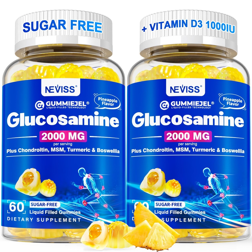 Sugar Free Glucosamin Filled Gummies - Glucosamin Supplement Plus Chondroitin, MSM, gurkemeje, Boswellia, Hyaluronsyre, D3- vitamin & zink, 120 Gummies, 60 Servere