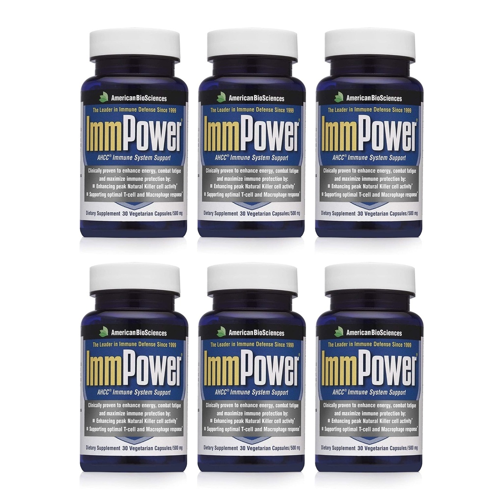 American BioSciences ImmPower AHCC Supplement 6- Pack, Forbedret immunforsvar, Natural Killer Cell Aktivitet og Cytokine Produktion, 30 Vegetariske Kapsler, 500 mg per kapsel