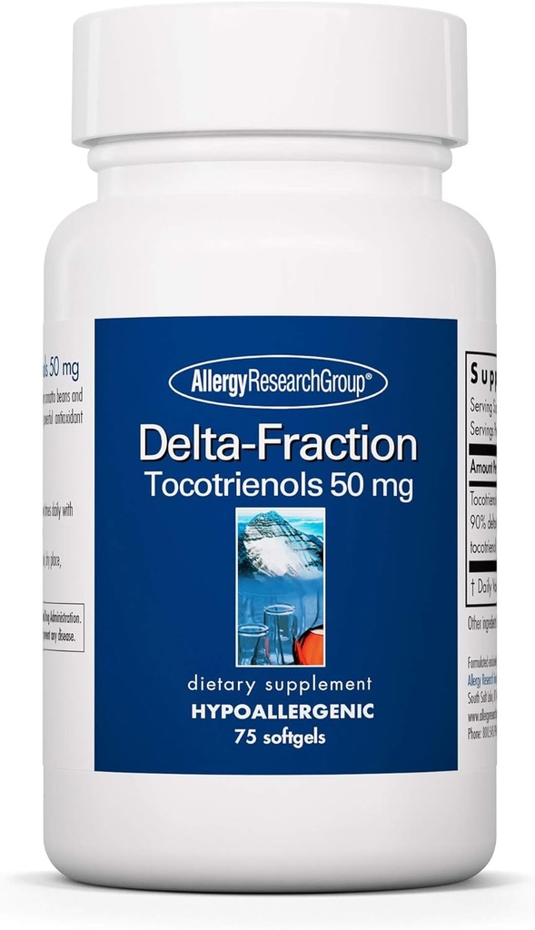 Allergy Research Group Delta-Fraction Tocotrienols Supplement - 50 mg Vitamin E, Annatto, Gamma, Tocotrienols Only, Tocopherol-Free, Hypoallergenic, Softgels - 75 Count