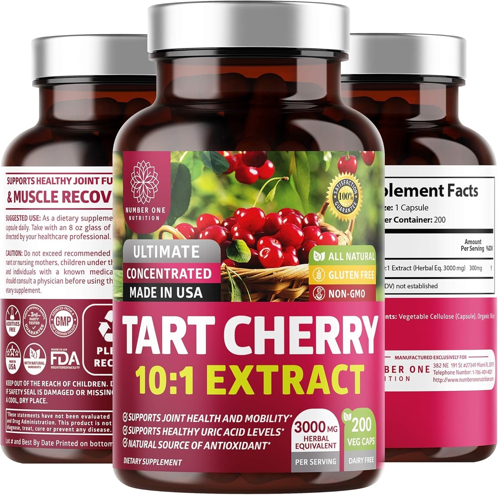 N1N Premium Tart Cherry Extract kapsler, 200 Veg Caps, 3000 mg, Kraftfuld Antioxidant, Fælles Sundhed og Mobilitet, Non- GMO, Gluten Free, 200 Veggie Caps