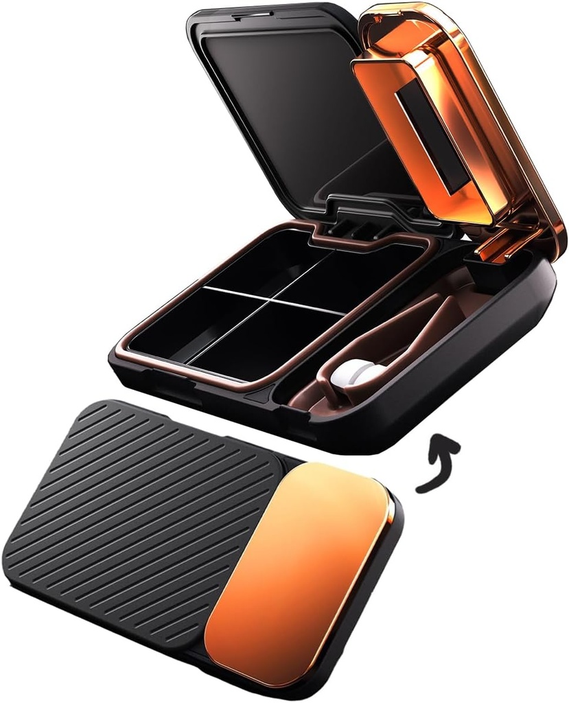 MURRI & MURRDI Pill Organizer og Crusher, Bærbar Pill Splitter og Cutter, Medicin sag 4 Cells Vitamin Dispenser Holder (D Black)