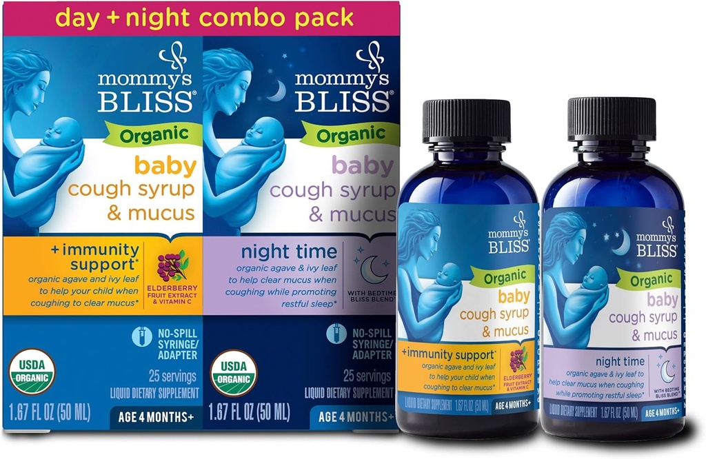 Mors Bliss Organic Baby Host Syrup & Mucus Relief, Dag og nat Combo Pack, Indeholder Organic Agave og Ivy Leaf, I alderen 4 måneder +, 1.67 Fl Oz (Pack of 2)