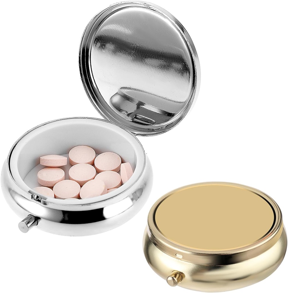 2Pcs Pill Box Lille Pill sag til purse eller Pocket, Bærbar Cute Pill Container Metal Pill Box Dekorativ medicin, Vitamin, Fish Oil og Kostholder Organizer (Sølv & Guld)